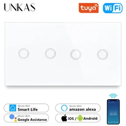 UNKAS 4 Gang Wifi EU Standard Touch Smart Switch Black Crystal Glass 157mm Panel Home Improvement Work Tuya Alexa / Google