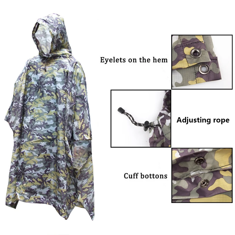 Outdoor Military Waterproof Raincoat for Men and Women, Rain Coat, Poncho, Picnic Mat, Motorcycle, Awning, 3 in 1