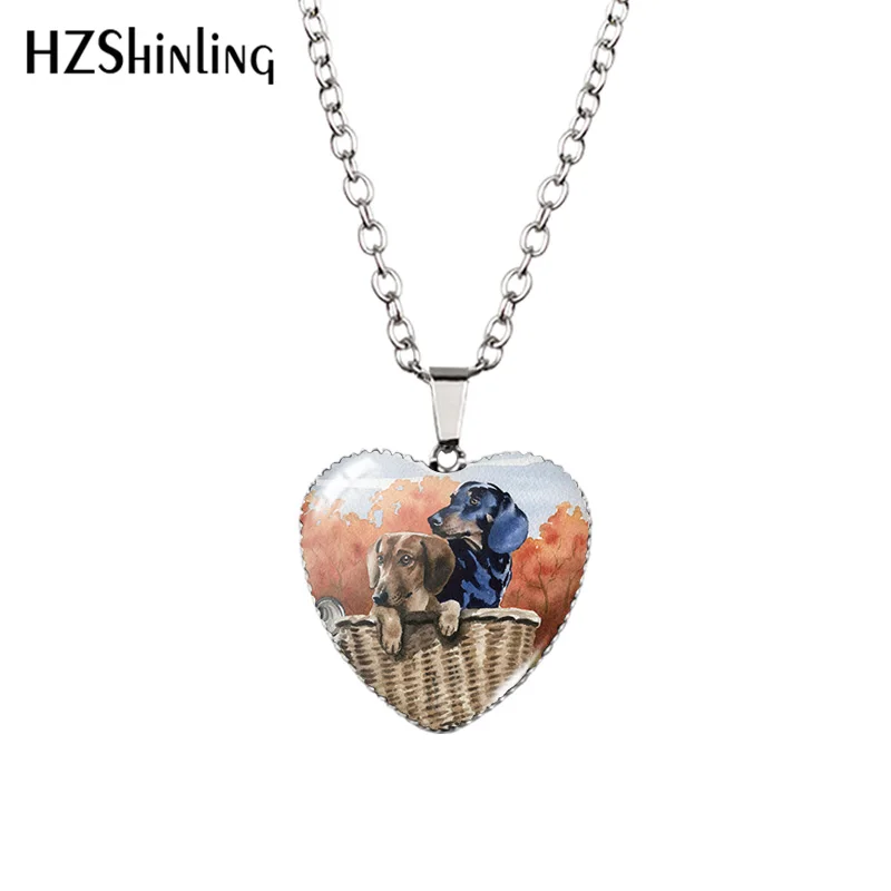 2021 New Dachshund Modern Art Painting Pendant Necklace Animal Art Glass Dome Handmade Jewelry Heart Pendants Gift Women