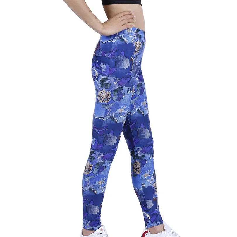 LJCUIYAO New Pants Women Leggings Fitness Soft Tights High Waist Dream Blue Flower Printing Pattern Sports Ankle-Length Clothes