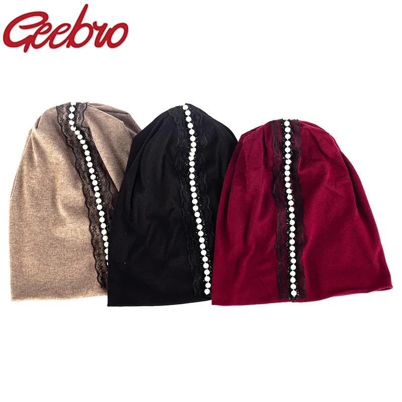 

Geebro Women Cotton Spring Warm Soft Beanies Autumn Lace Pearl Elastic Solid Color Skullies Caps Girl Elegant Fashion Hats