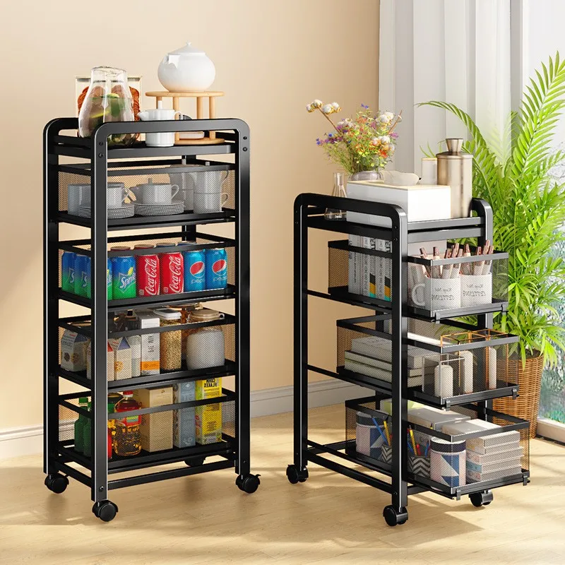 

Slotted Trolley Storage Rack Floor Multi-Layer Kitchen Living Room Multifunctional Mobile Snack Storage Cabinet Shelf