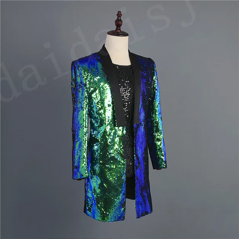 100%real mens mermaid sequined long jacket magician/studio jacket/party/stage performance/dance/sing/stuido long tuxedo jacket