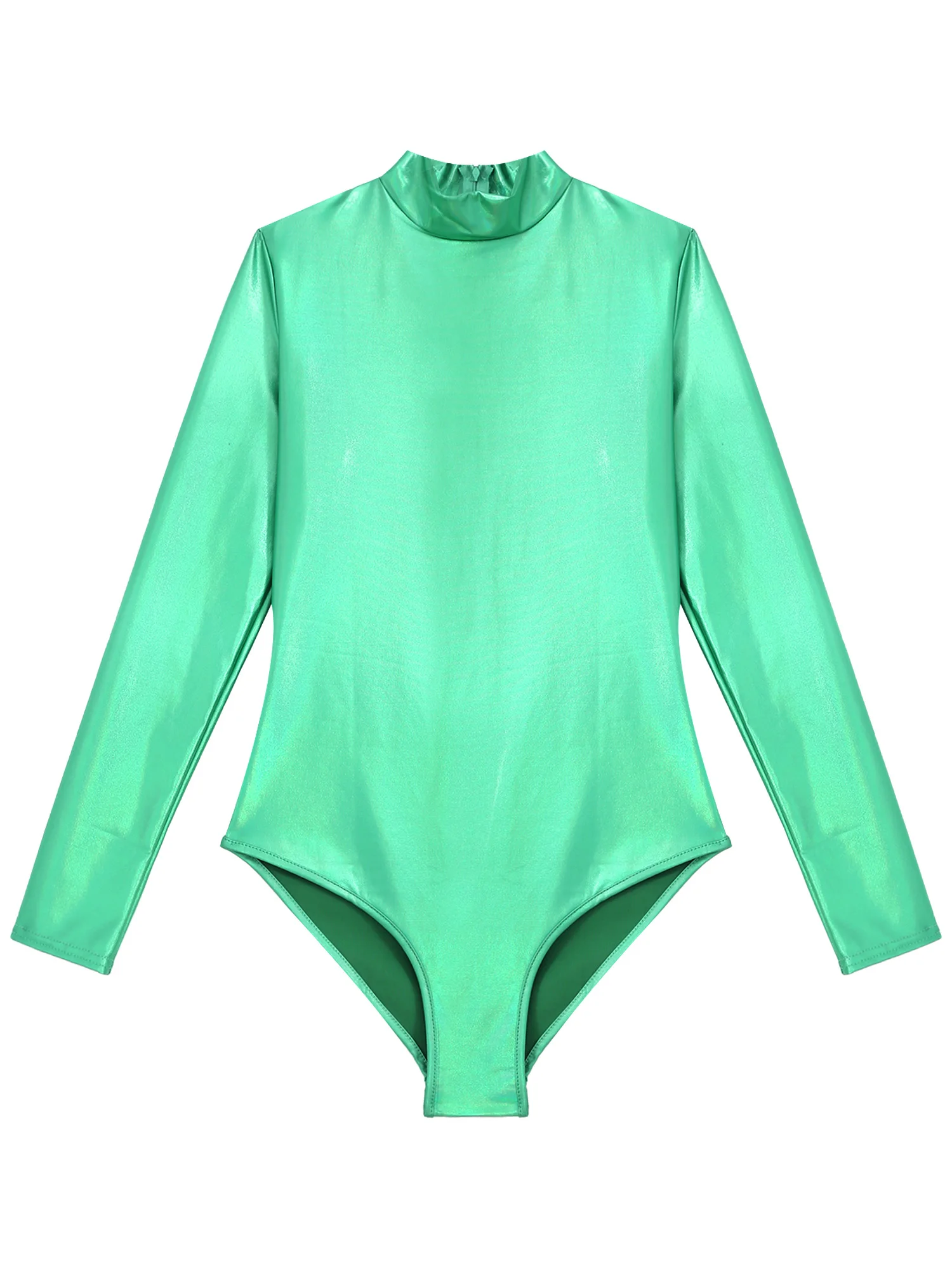 Women Shiny Metallic  Long Sleeves Ballet Dance Leotards Gymnastics Bodysuits Costume Turtleneck Rave Party Clubwear