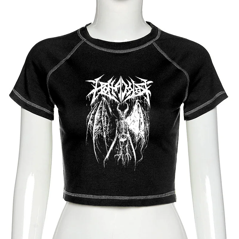 Vrouwen T-shirt Harajuku Crop Top Harajuku Retro Koreaanse Zwarte Demon Punk Gothic Anime Print Kleding Slim Anime