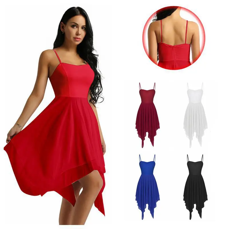 Women Ballet ballerina gymnastic Dance  Dress Adult Spaghetti Strap Sleeveless Asymmetric Chiffon Solid Color Contemporary