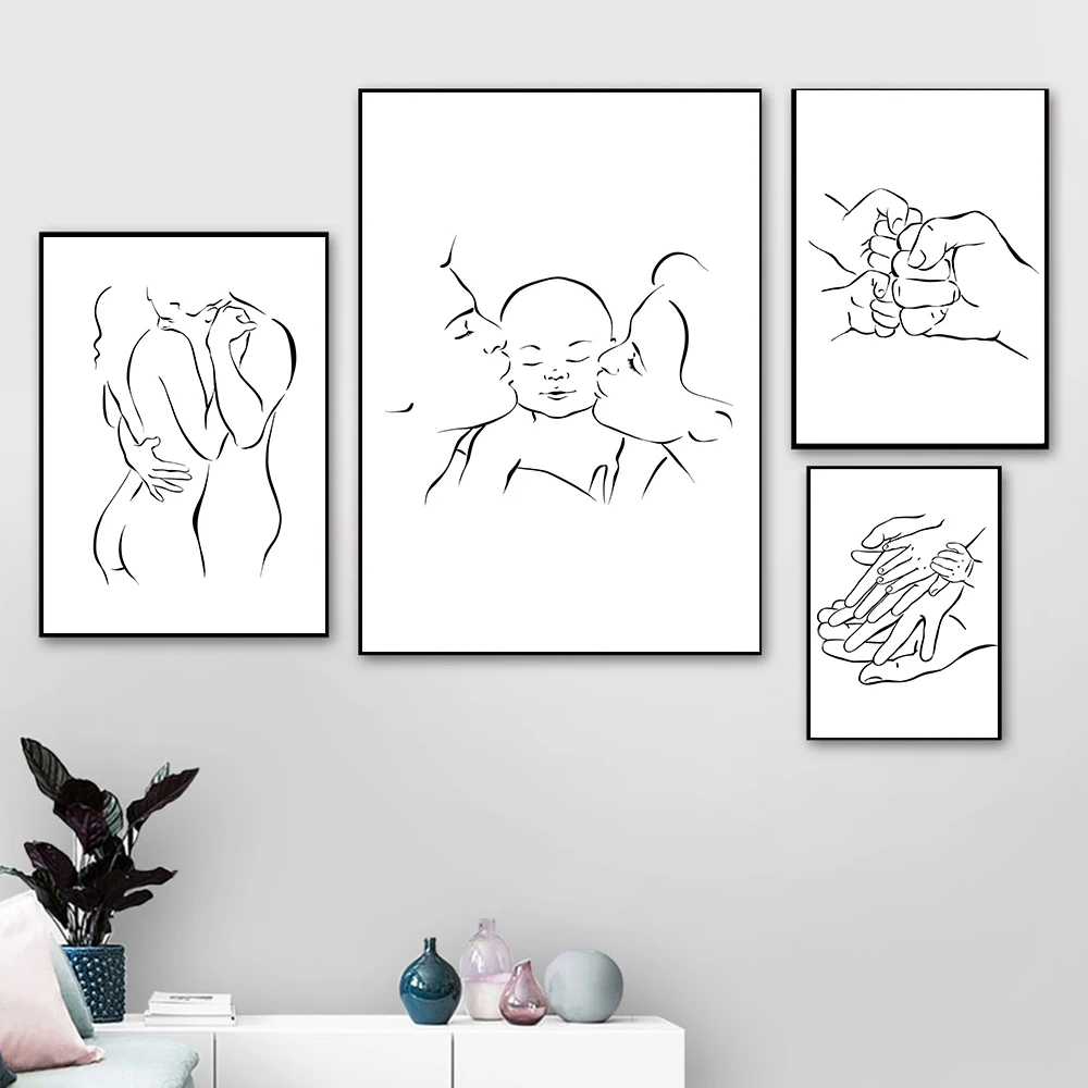 Family Portrait Mom Dad Baby Art Line Drawing Posters Abstract Minimalist Wall Canvas Print Painting Couple In Love Pictures Dec