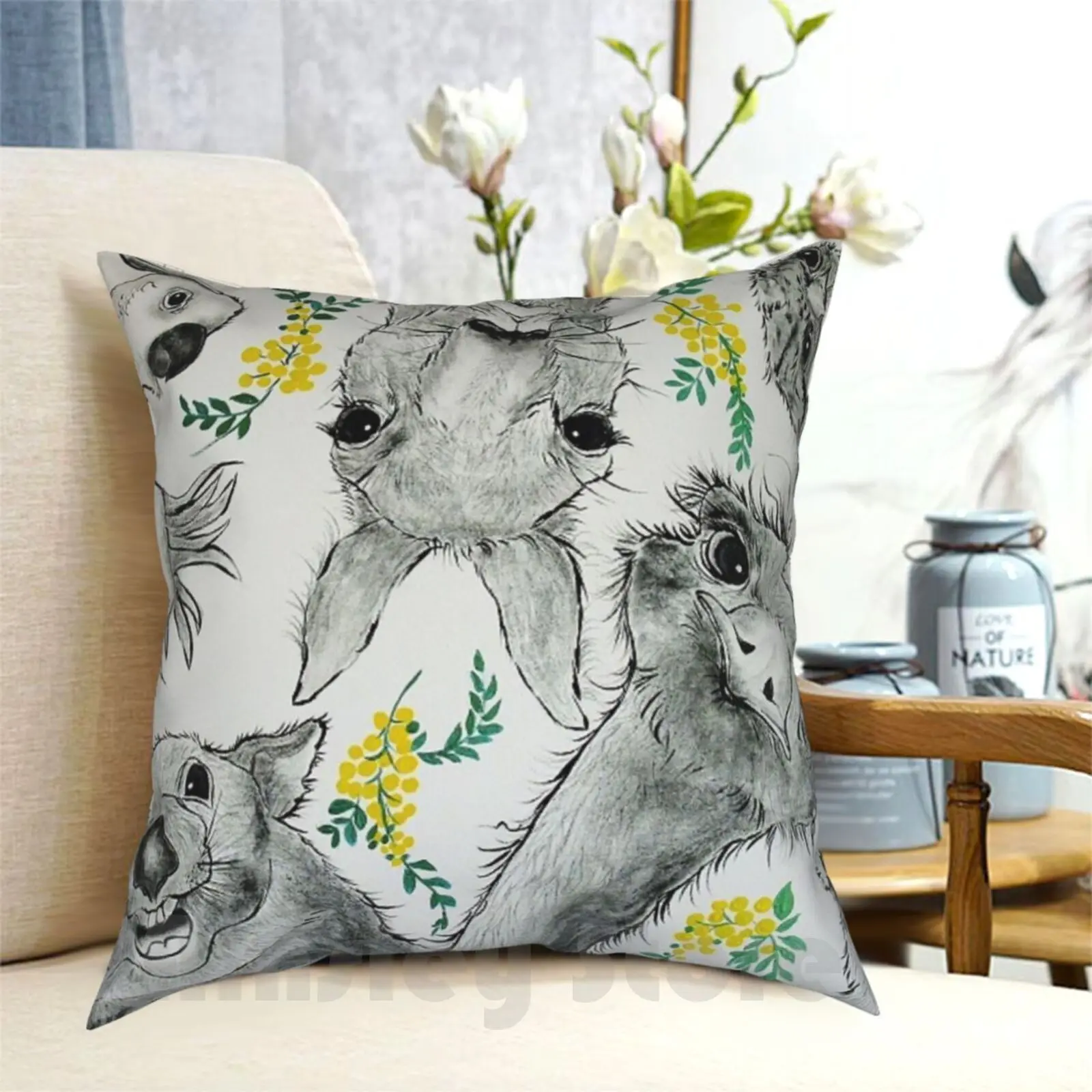 Australian Menagerie Pillow Case Printed Home Soft Throw Pillow Sally Australian Natives Animals Wombat Kangaroo Cockies