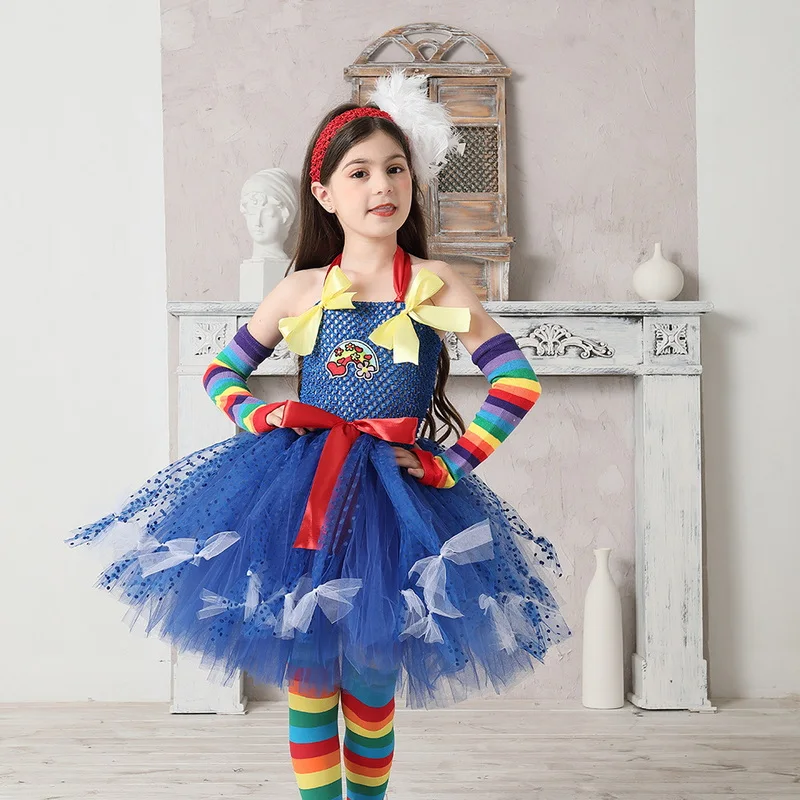 Girls Flower Fairy Costume Christmas Kids Birthday Party Blue  Dance Performance Mesh Tutu Dress Set Princess Cosplay Costumes