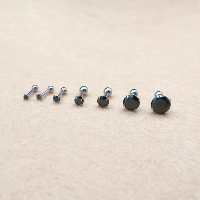 316l Stainless Steel Screw-back Black Round AAA Zircon Stud Earrings 2mm to 8mm Classical Style No Fade Allergy Free