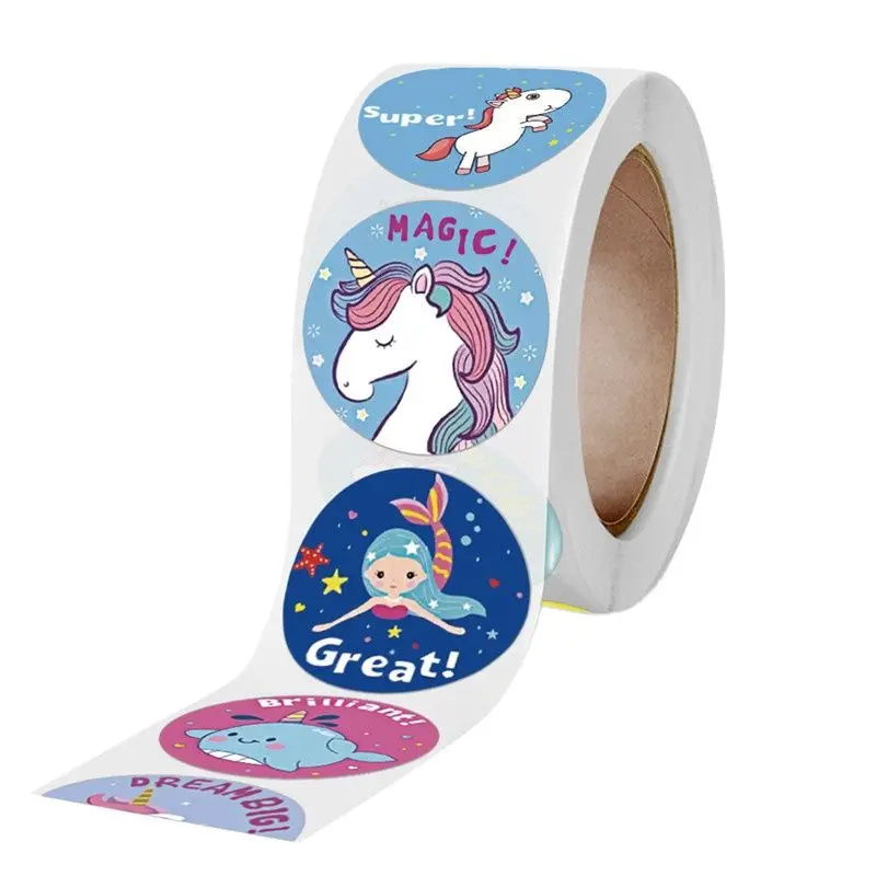 500 Cute  Unicorn Mermaid Thank You Stickers Kawaii Kids Cartoon Sticker Roll for Christmas Gift Seal Student DIY Scrapbooking