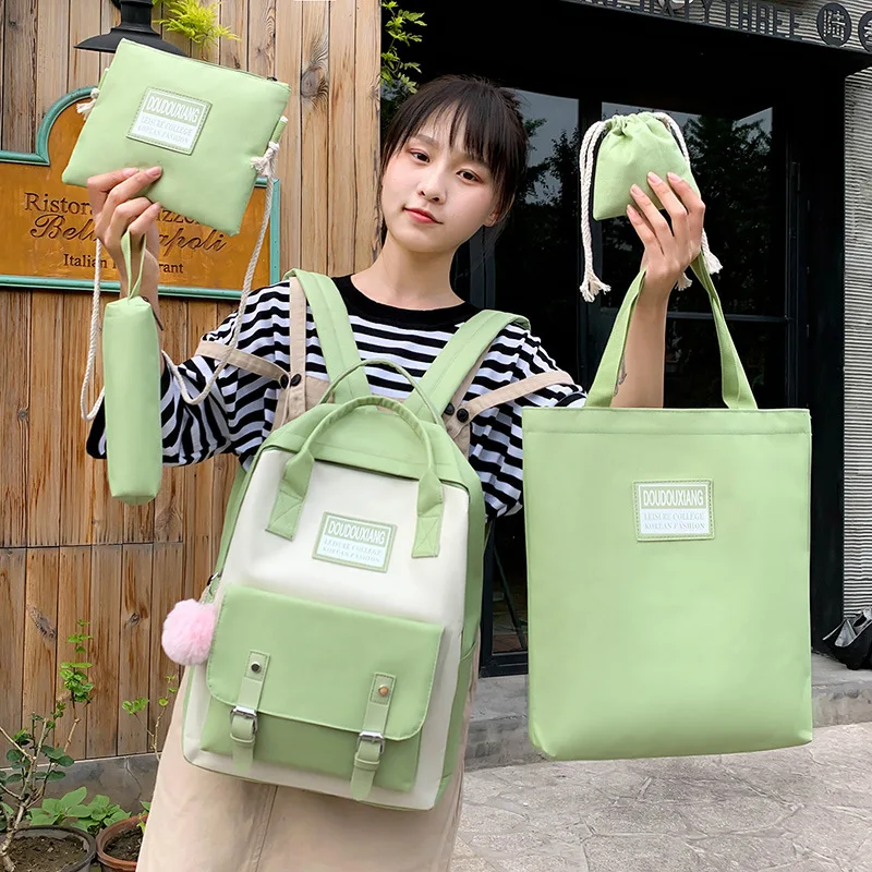 

5Pcs/Set Canvas School Bag For Teenager Girls Student Larger Capacity Women Travel School Laptop Backpacks Female Book Bag