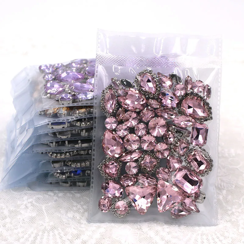 50pcs/Bag Pink Mixed Shape Sew on Glass Rhinestone Silver Claw and Crystal Buckle Diy Wedding Decoration Clothes/Shoe/Dress