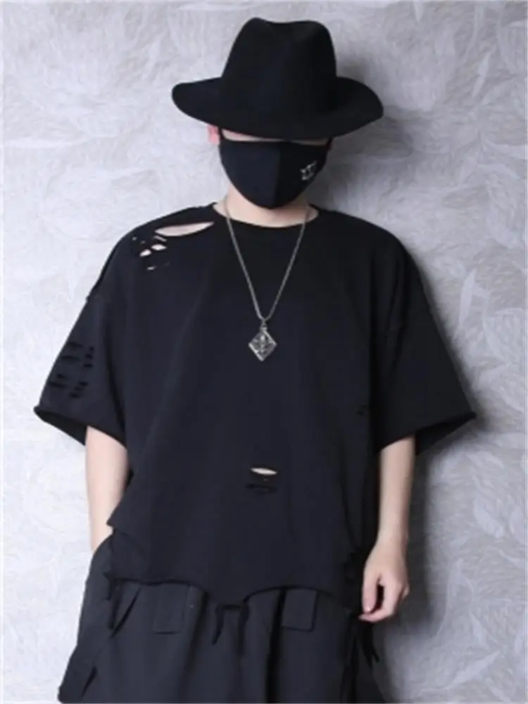 Men's Short Sleeve T-Shirt Summer New Round Collar Personality Hole Irregular Hem Hip Hop Casual Large Half Sleeve