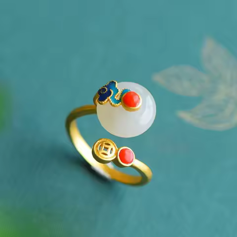 New designer original ingot natural Hetian jade opening adjustable ring Chinese retro light luxury charm women's silver jewelry