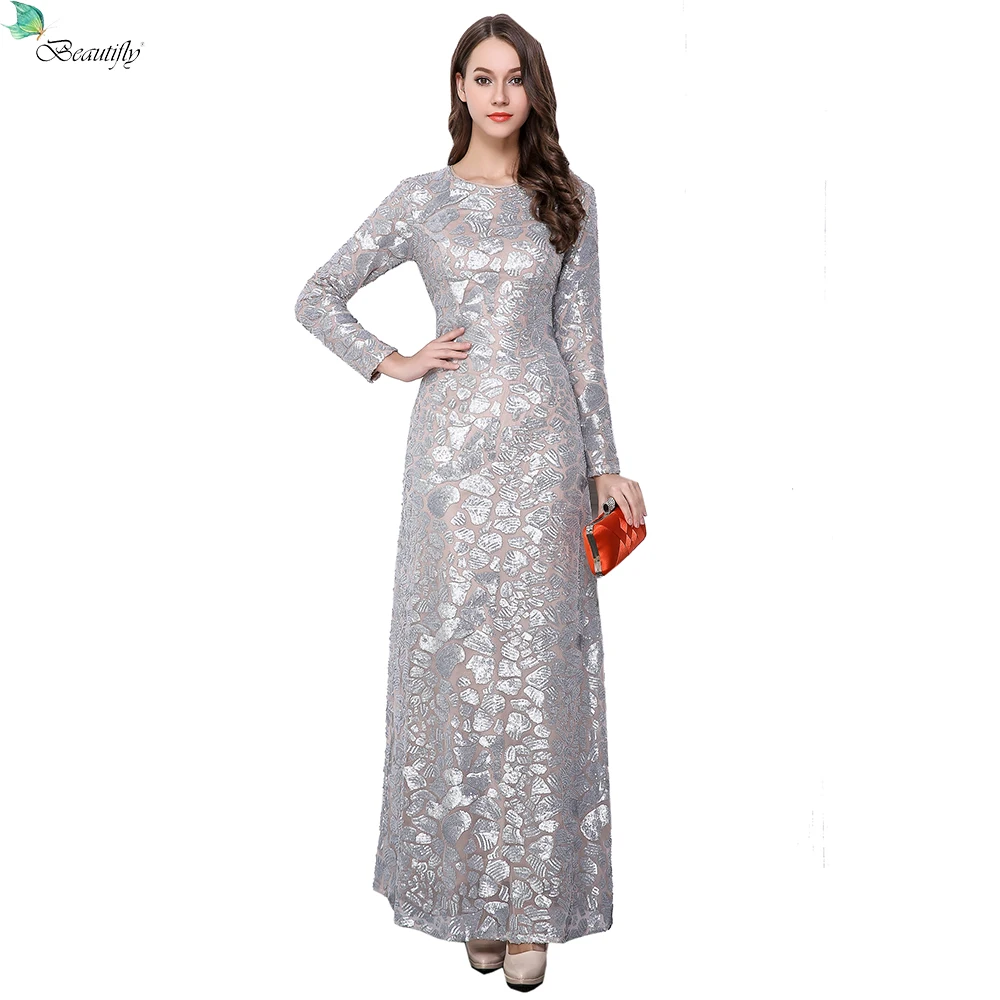 

New Beautifly Silver Sequin Zipper Back Long Sleeve Maxi Gowns O-Neck Floor-Length Elegant Women's Celebrity Dresses