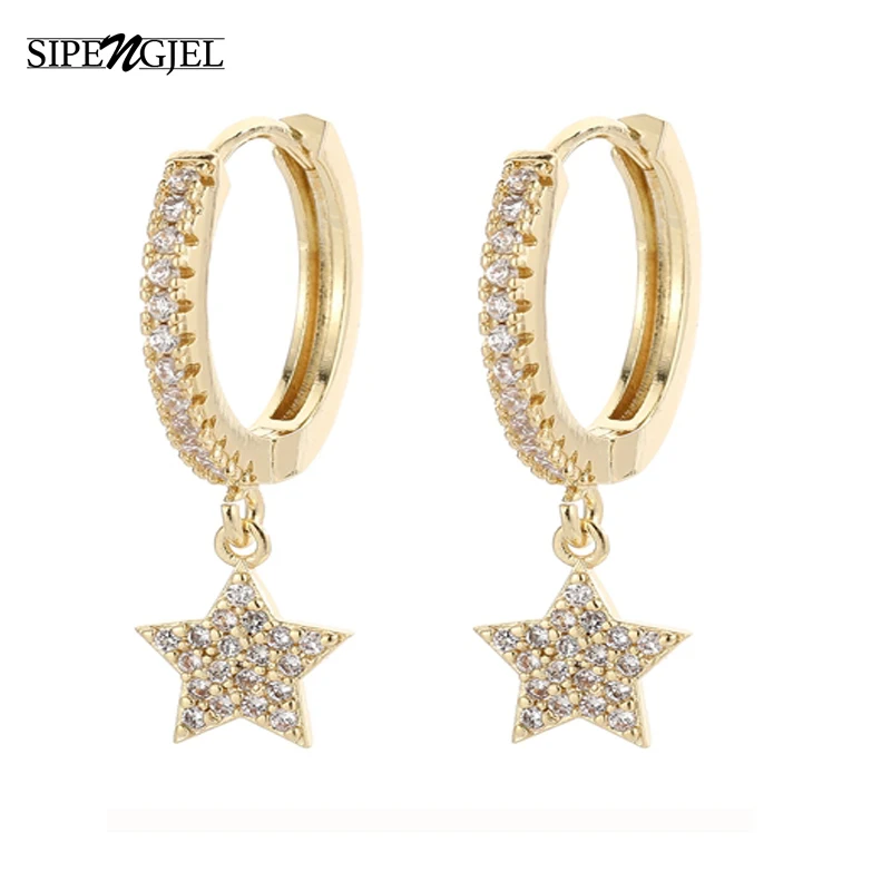 SIPENGJEL Fashion Shiny Zircon Huggie Hoop Earrings Classic Geometric Moon And Star Pendant Hoop Earrings For Women Jewelry Gift