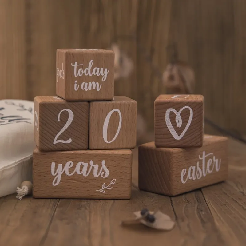 6pcs/set Wooden Baby Milestone Cards Block Baby Photography Milestone Memorial Monthly Newborn Photography Props Set With Box