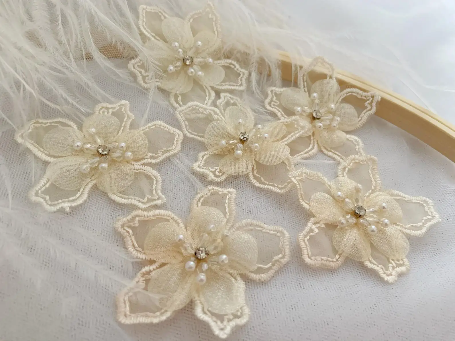 10 pieces Nude Beige 3d Florals Motif Applique Handcrafted Organza Lace Appliques With Rhinestone