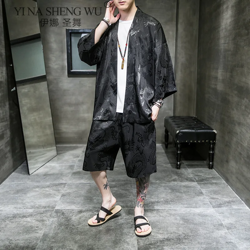 Summer Traditional Japanese Clothing Kimono Coat+Shorts Men Retro Yukata Asian Fashion Kimono Suit Harajuku Hanfu Yukata Jacket