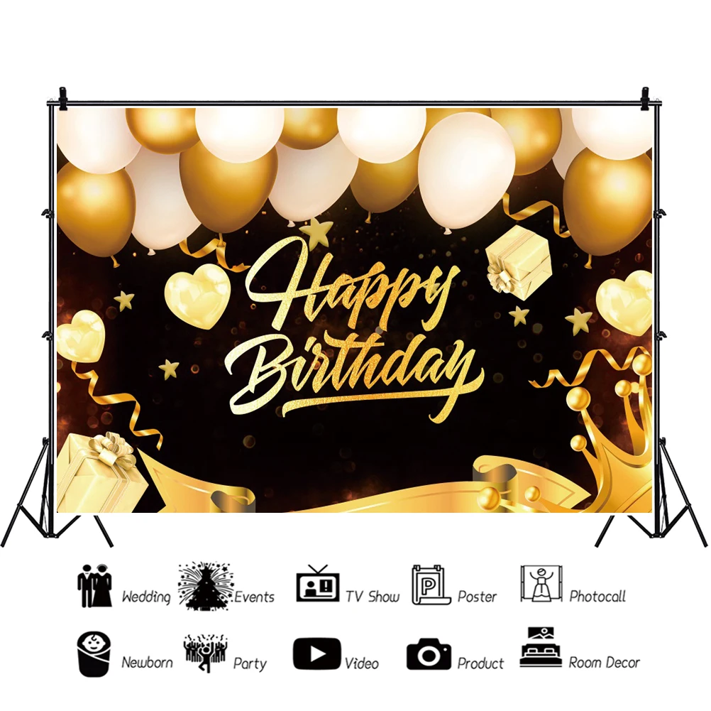 Golden Balloons Happy Birthday Photo Background Friends Party Family Photocall Poster Name Portrait Photography Backdrop Banner