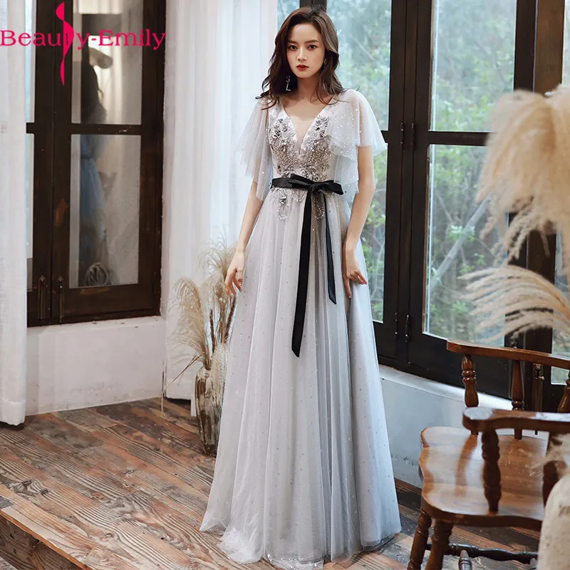 

Sexy V Neck Appliques Sequined Evening Dress Long 2020 Charming Gray Short Sleeve Lace Up Back Woman Formal Party Dress with Bow