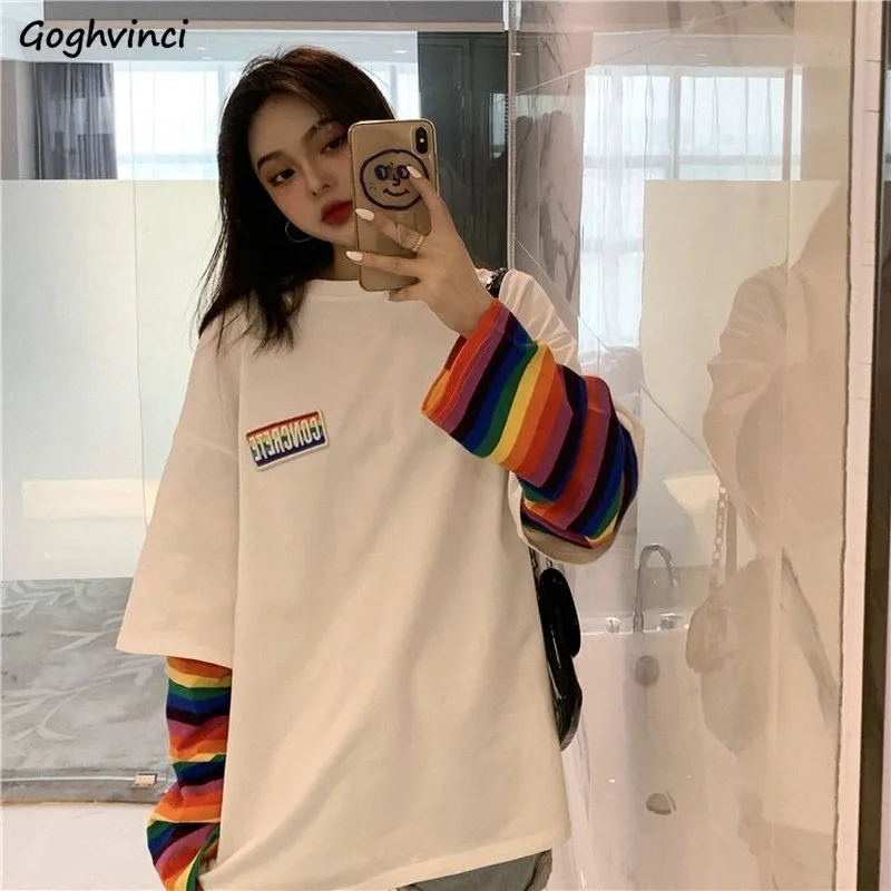 Long Sleeve Shirts Women Rainbow Striped Patch Designs Long-style Korean Leisure Hip-hop Fashion Female T-shirt Teens Preppy New