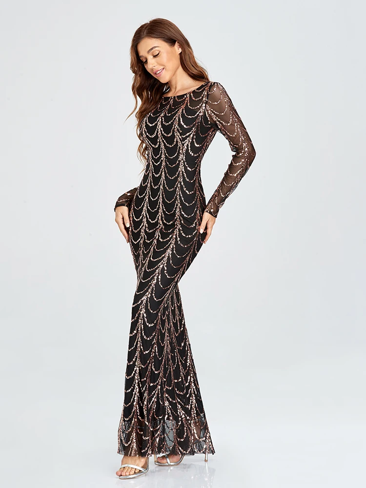 2023 Black Gold New Evening Pink Dress O Neck Full Sleeve Mermaid Sequins Tulle Floor Length Party Dress Women Formal Dress