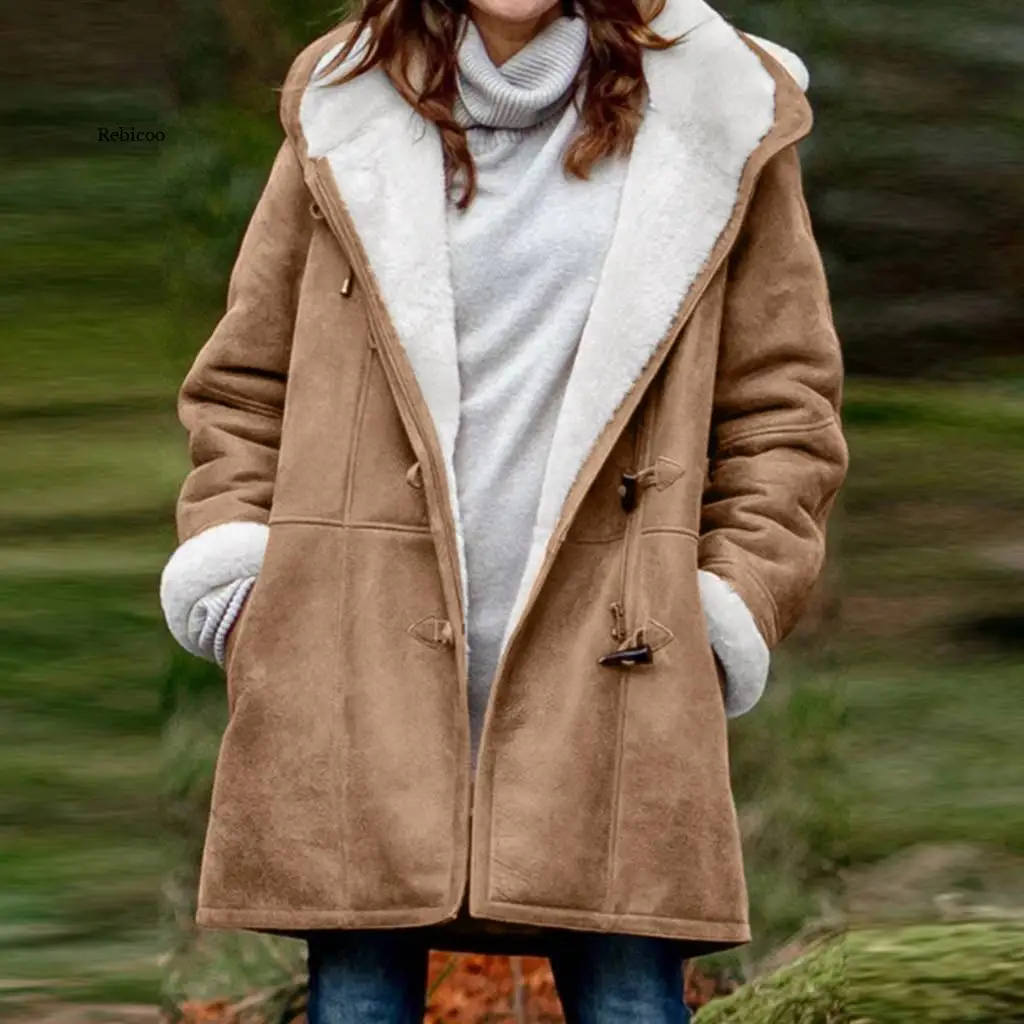 

Women Winter Solid Coats Plus Velvet Coat Long Sleeve Horn Buckle Pocket Overcoat Hooded Warm Coats