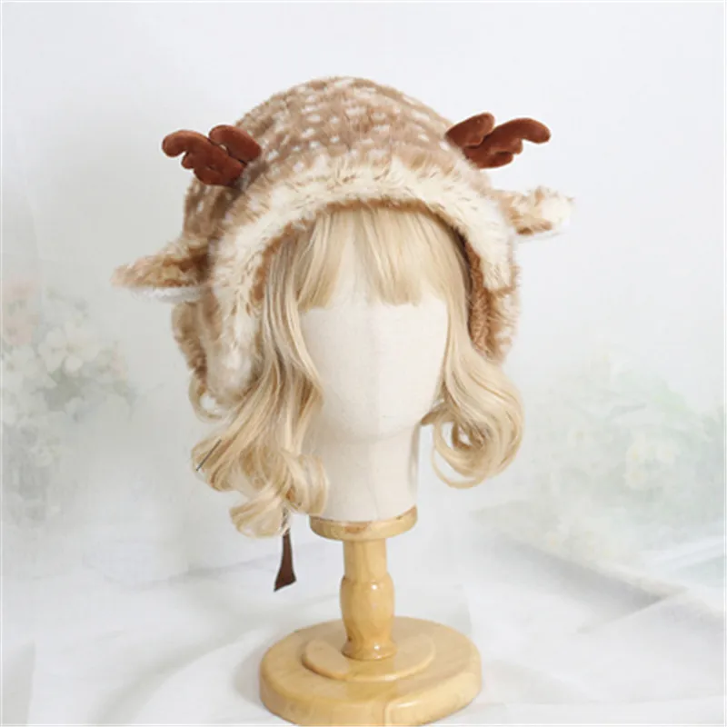 Women Girl Sika deer plush beret lamb wool Lolita hand-made Japanese Soft Sister Beret Lolita Girl Sweet Cute All-match