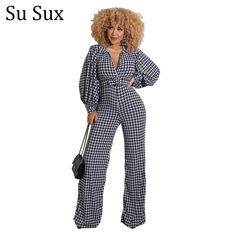 Plus Size Plaid Jumpsuit Women 5XL Rompers Puff Sleeve High Waist Long Pants Jumpsuit African Clothes Vestidos Female 2021 Sprin