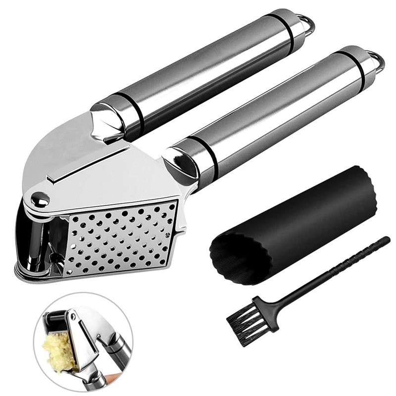 

LMETJMA Garlic Press Kit Stainless Steel Garlic Press Rust Proof Garlic Mincer Crusher with Silicone Garlic Roller Peeler KC0304