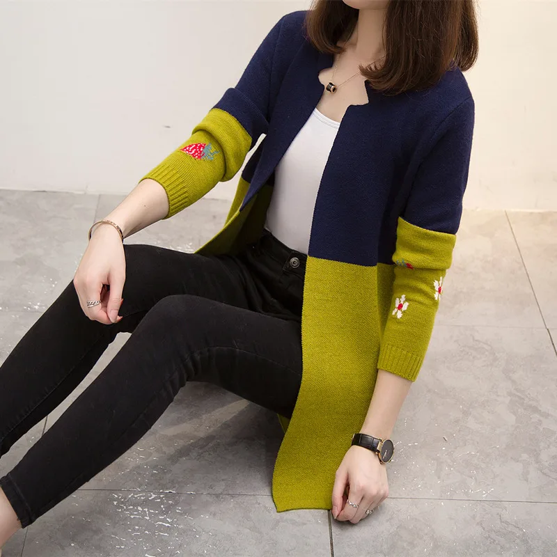 Spring Autumn New Knit Sweater Cardigan Women Jacket Korean Long Sleeve Wild Color Matching Mid-Length Loose  Female Tops D3056