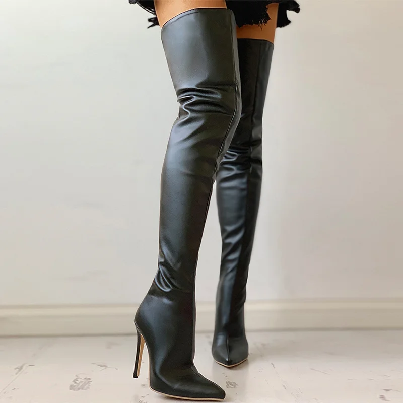 New Black Women\'s Knee High Boots Sexy High Heels Pu Leather Thigh High Boots Large Size Autumn Boots Women Shoes Bota Feminina