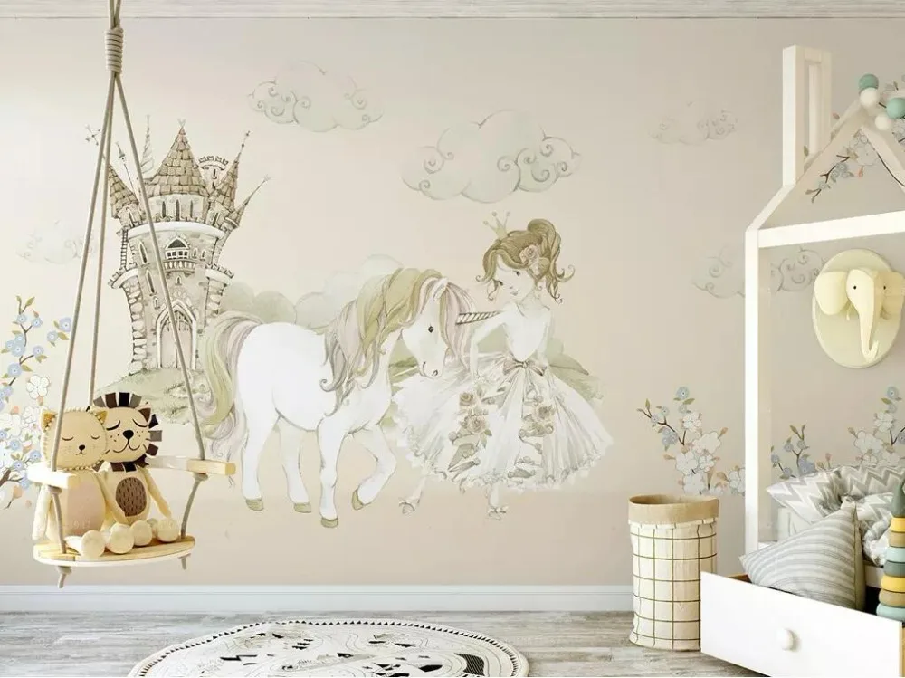 Bacal Custom 3D wallpaper mural little princess and one-horned horse castle fairy tale kid's room background wall 3d wallpaper