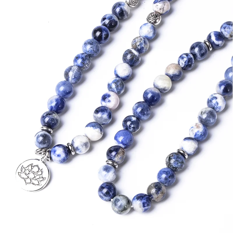 Natural 8mm Flower Sodalite Beaded Elastic Wrap 108 Mala Bracelet Meditation Yoga Healing Jewelry Men and Women Lotus Rosary