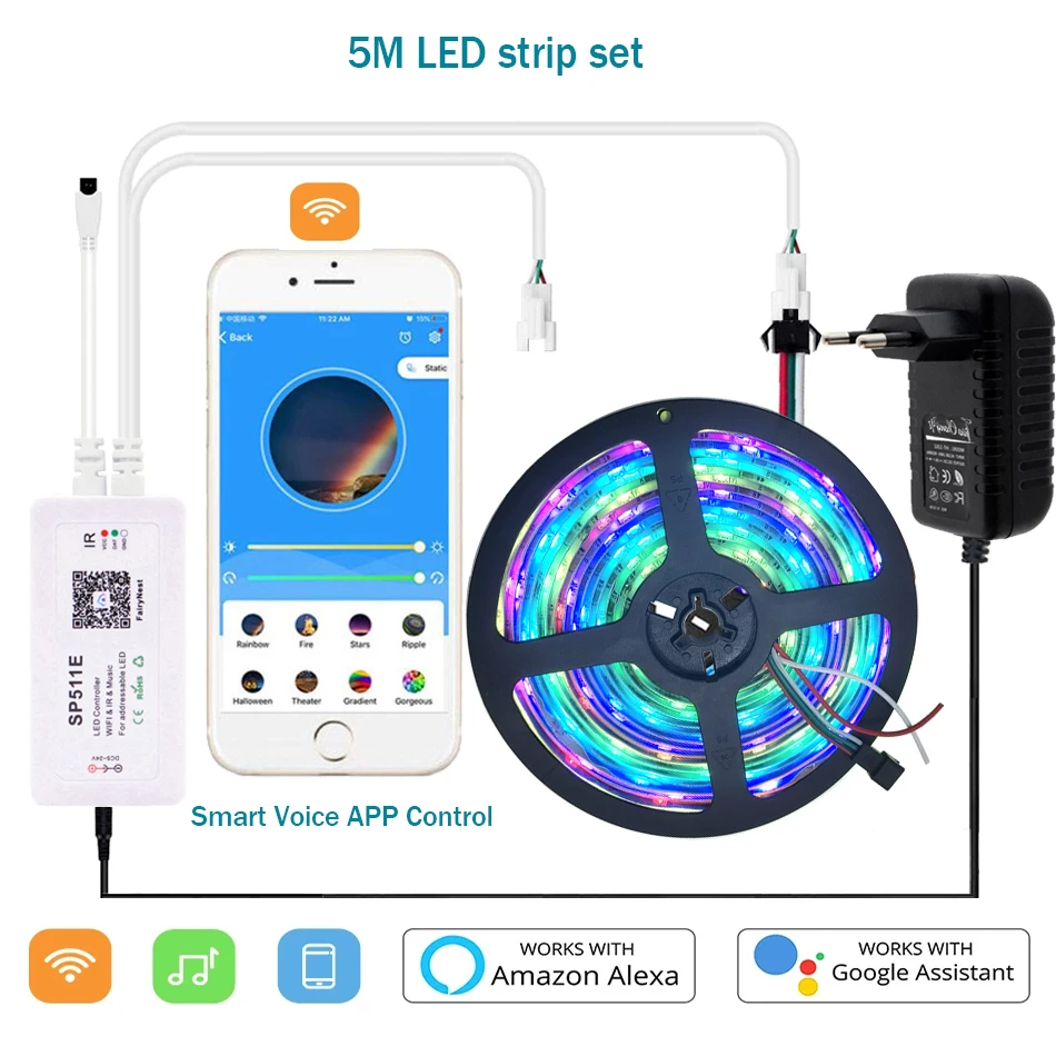 WS2811 IC taśma LED RGB sen kolorowy 30 led/m DC12V adresowalna taśma LED SP511E WiFi inteligentny kontroler AAP zestaw kontrolny głosu