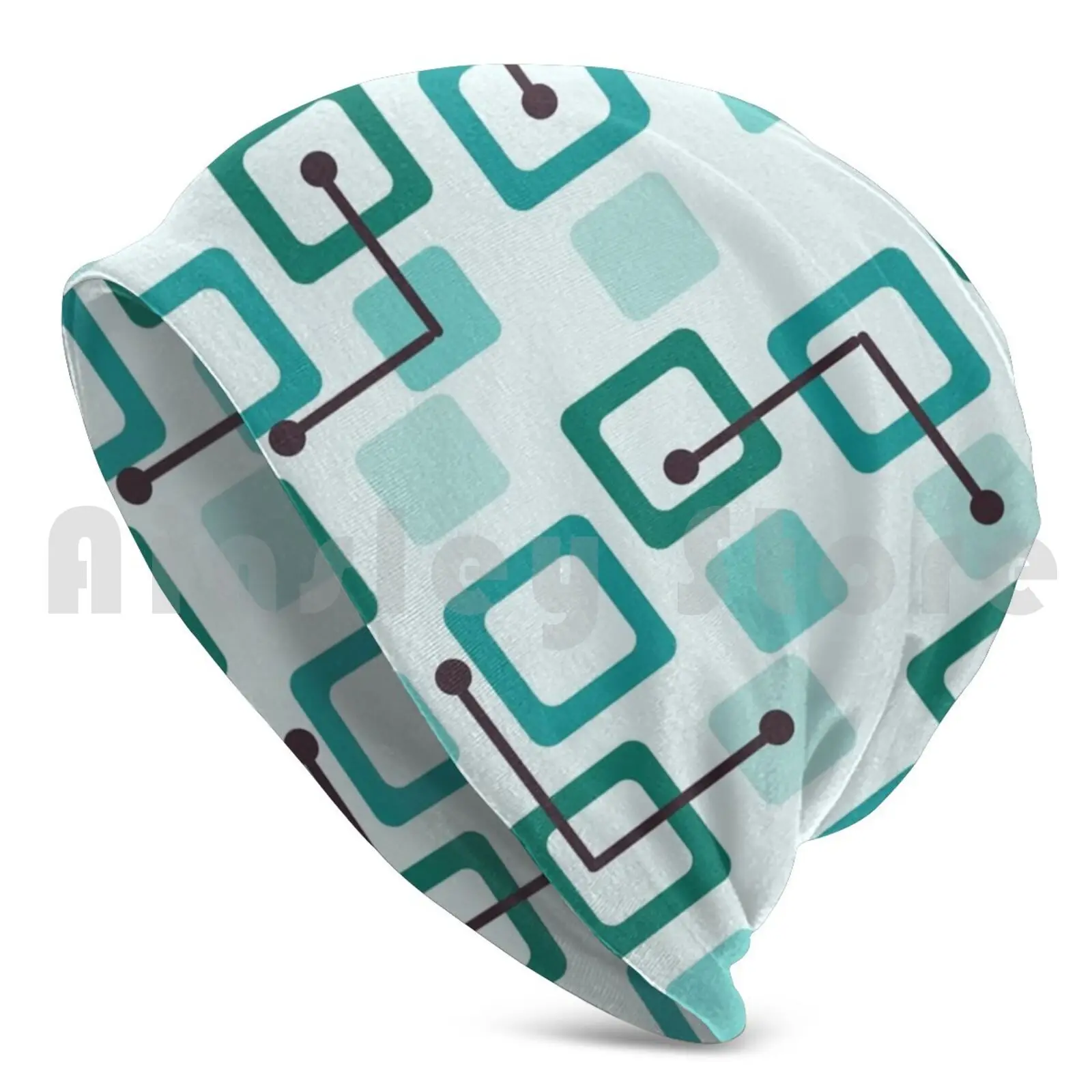 Midcentury 1950s Tiles & Squares Turquoise Beanie Hedging Cap DIY Print Cushion Mid Century Modern Midcentury Modern