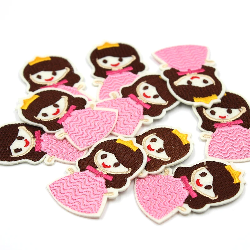 10pcs Iron On Pink Little Girl Stickers Cartoon Embroidery Princess Patches For Clothes Apparel Repair DIY Jeans Backpack Badge