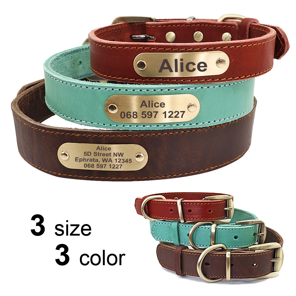 Custom Leather Dog Collar Leash Set Personalized Pet Collar Leash Free Engraved Nameplate For Small Medium Large Dogs