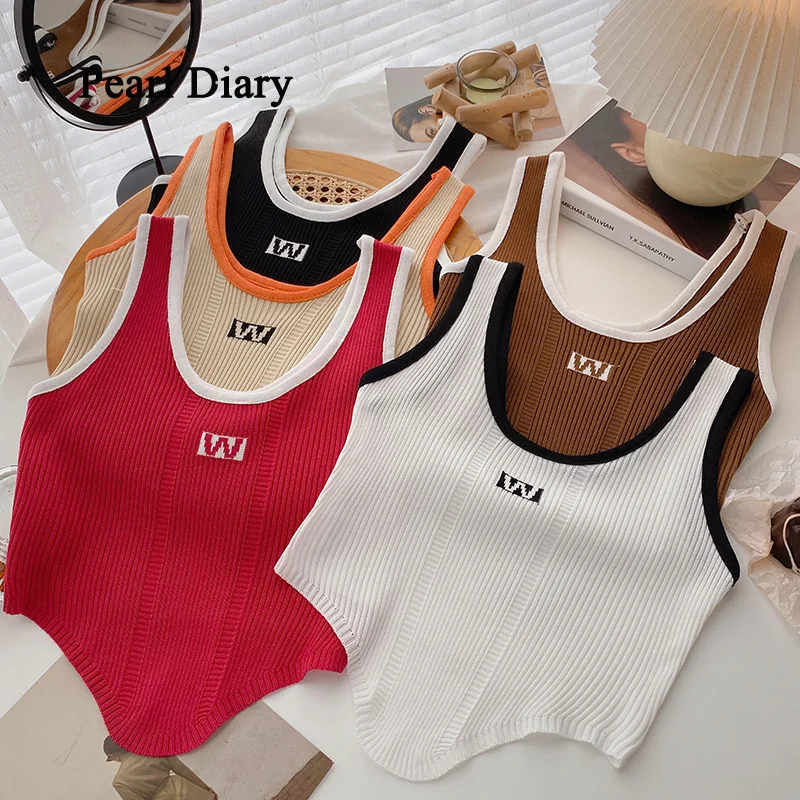 Pearl Diary Women Summer Irregular Crop Tank Tops Slim Basic Contrast U Neck Sporty Tops Sleeveless Fashion Rib Knitting Top