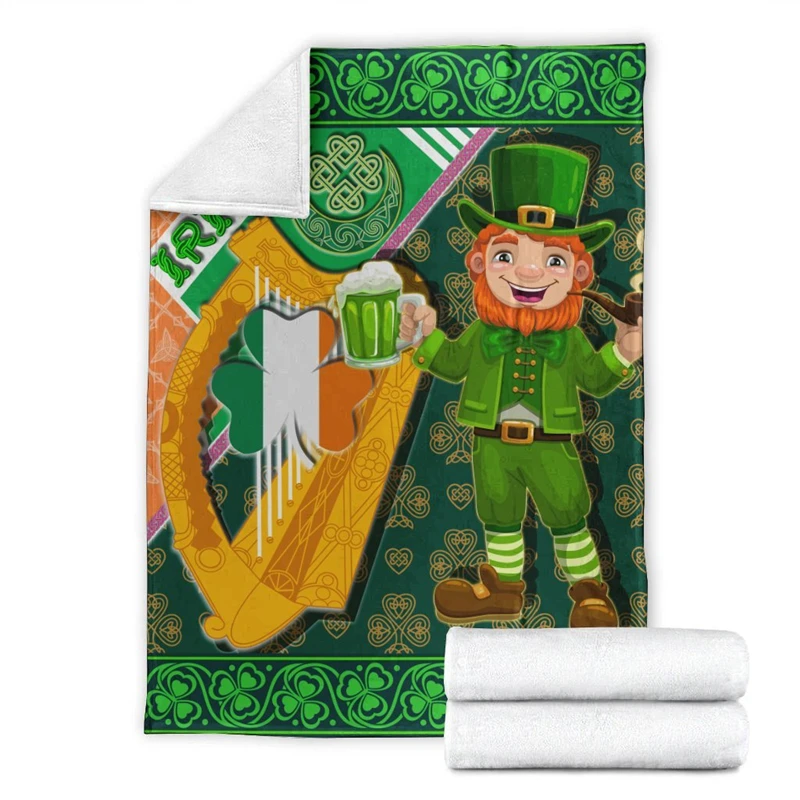 Leprechaun with Shamrock and Traditional Harp Flannel Blanket 3D Kids Quilt Home Life Travel Airplane Portable Throw Blanket