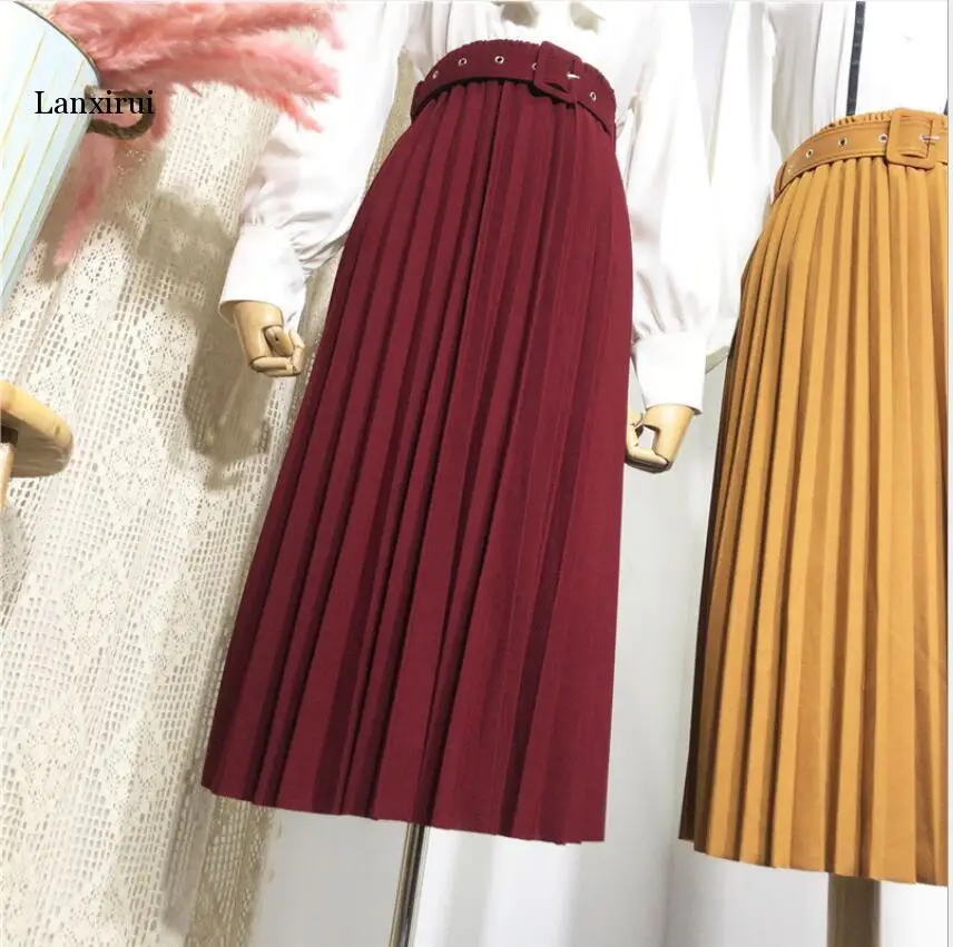 High Waist Women Skirt Casual Vintage Solid Belted Pleated Midi Skirts Lady 11 Colors Fashion Simple Saia Mujer Faldas