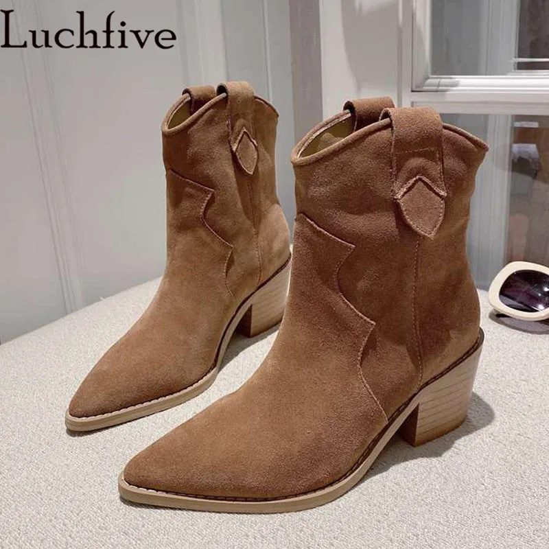 

2021 New Classic Chelsea Ankle Boots for Women Real Suede leather Pointy Toe Chunky Heel Short Boots Simple Brand Botas Mujer