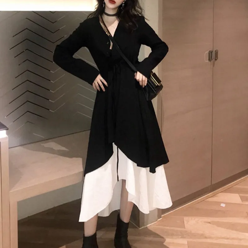 

Shirt Dress Women Spring 2022 Vintage Casual Ruffle Dress Tunic Vestidos V Neck Solid Party Robe Femme