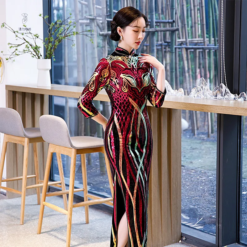 

Autumn Velour Sequin Cheongsam Women Slim Seven Points Sleeve Velvet Qipao Elegant Evening Party Dress Vestidos Oversize 6XL