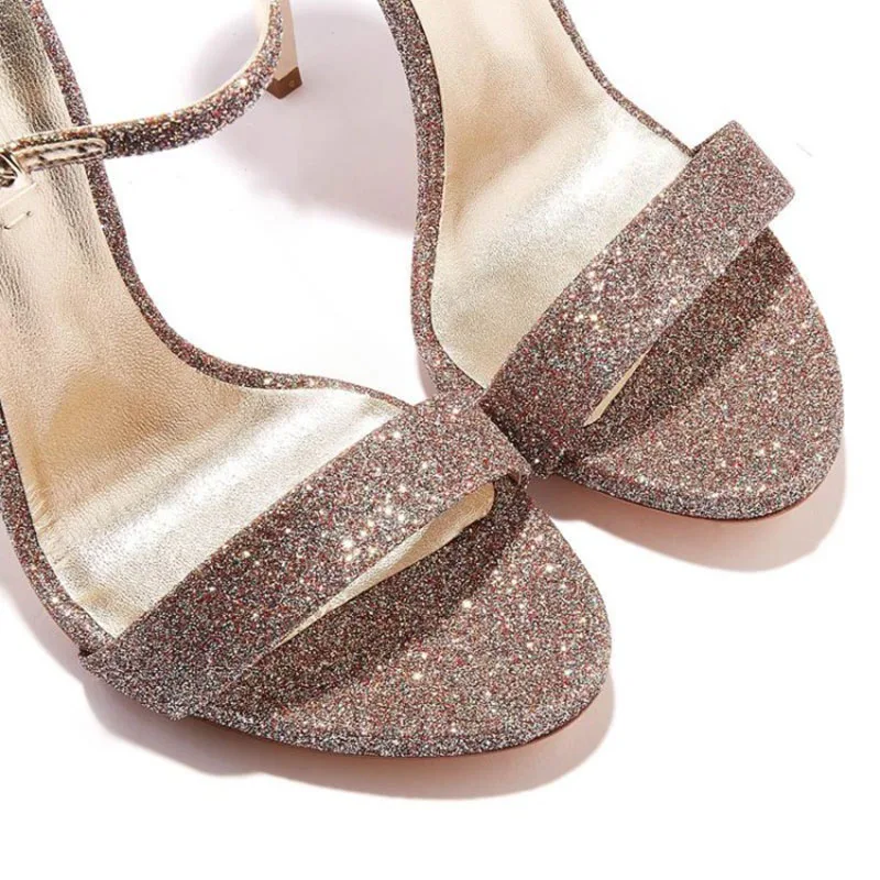 Summer 2024 new sequined super high heel 12cm women\'s sandals stiletto buckle all-match women\'s shoes