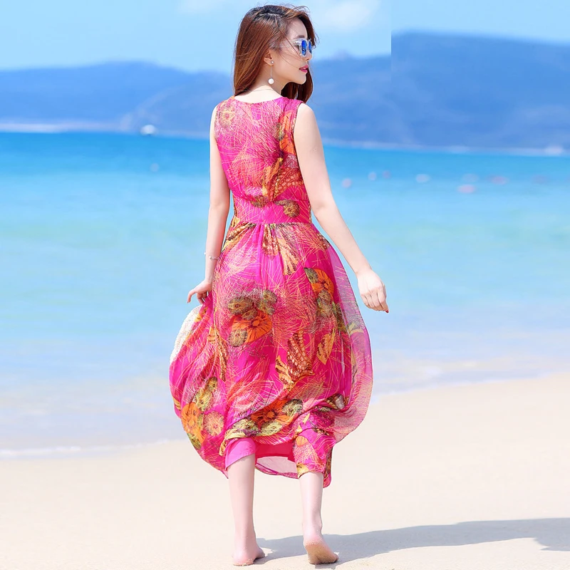 Vestido ชีฟอง Bohemian Beach De Festa Elegant ฤดูร้อนชุดผู้หญิงพิมพ์ดอกไม้เดรสสีแดงหญิง FYY612