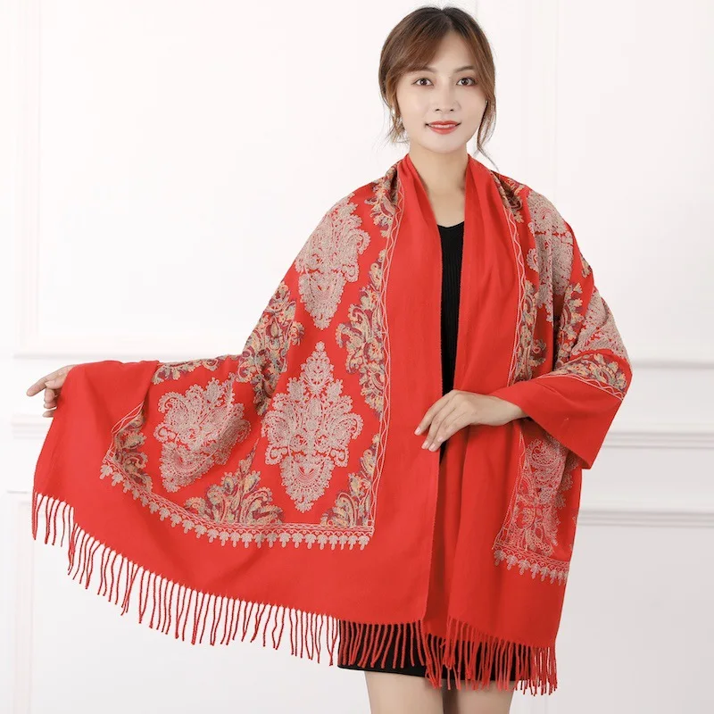 Luxury Brand Scarf Thick Winter Women Scarf Warm Cashmere Diamond Embroidery Tassel Shawl Wrap Blanket Hijab Lady Scarf Pashmina