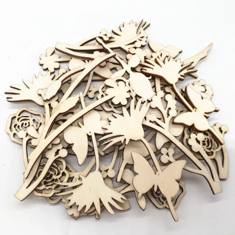 30pcs Wooden Laser Cutout Crafts Wood Flowers and Leaves Blanks Embellishments for DIY Crafts Christmas Wedding Decoration